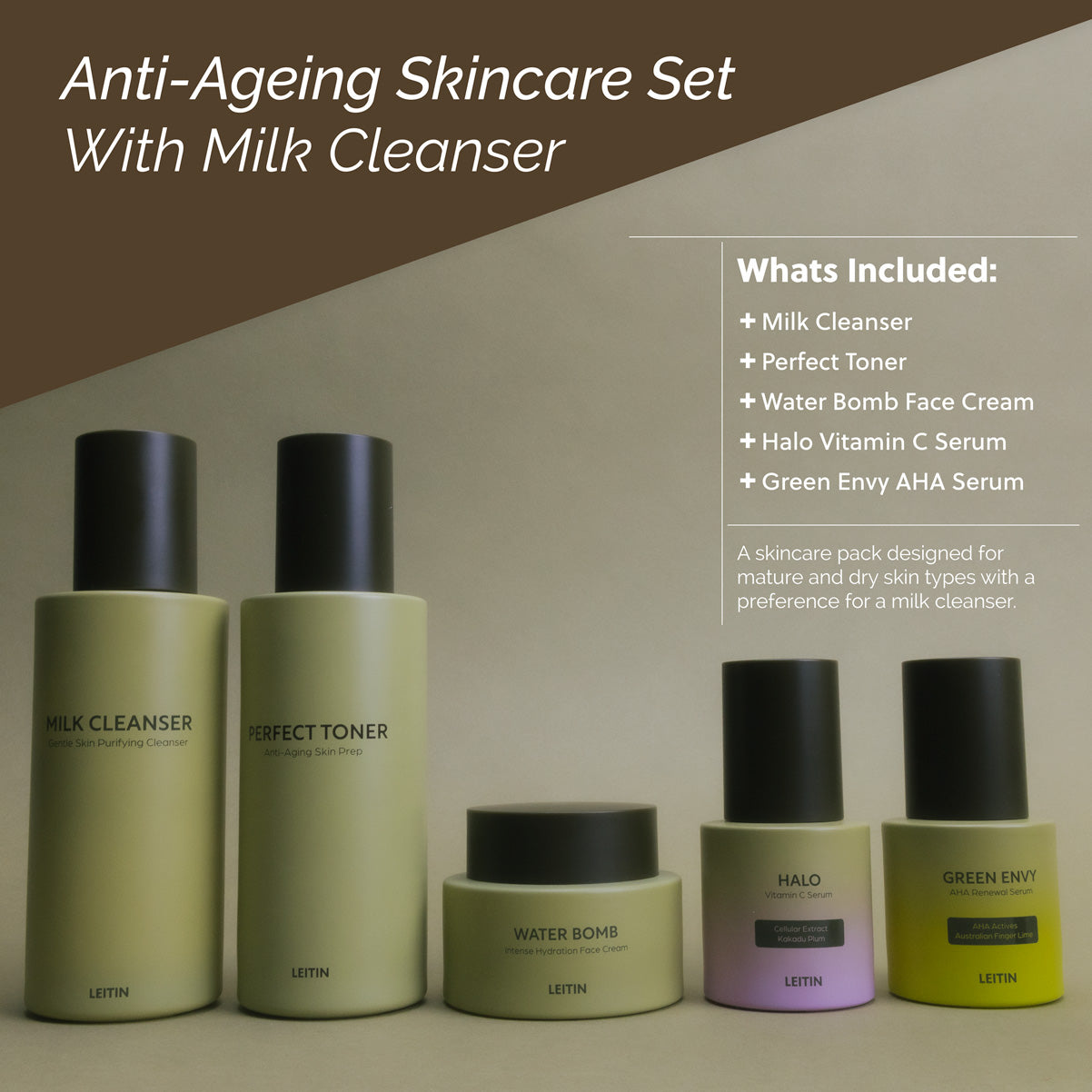 LEITIN Skincare's Age-Defying Ritual + Milk Cleanser, includes Milk Cleanser, Perfect Toner, Water Bomb Face Cream, Halo Vitamin C Serum, Green Envy AHA Serum