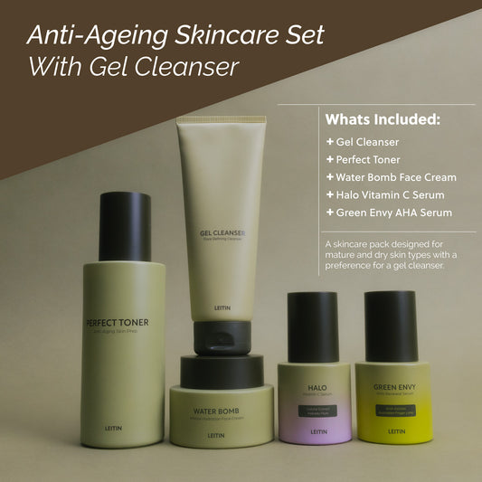 LEITIN Skincare's Age-Defying Ritual + Gel Cleanser, includes Gel Cleanser, Perfect Toner, Water Bomb Face Cream, Halo Vitamin C Serum, Green Envy AHA Serum